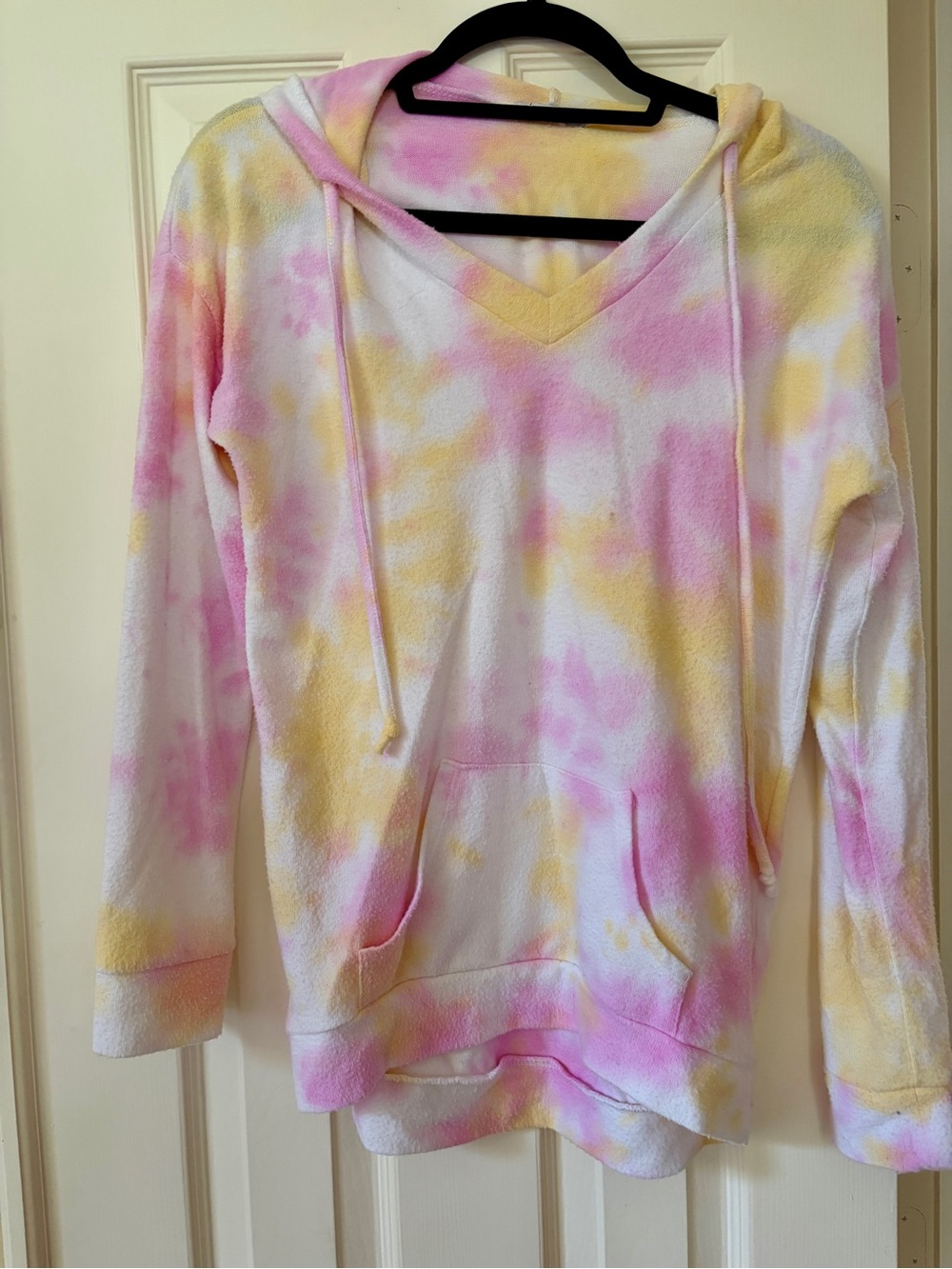 Tie-Dye V-Neck Hoodie Pullover - and sweat pant outfit; white, Pink & Yellow
